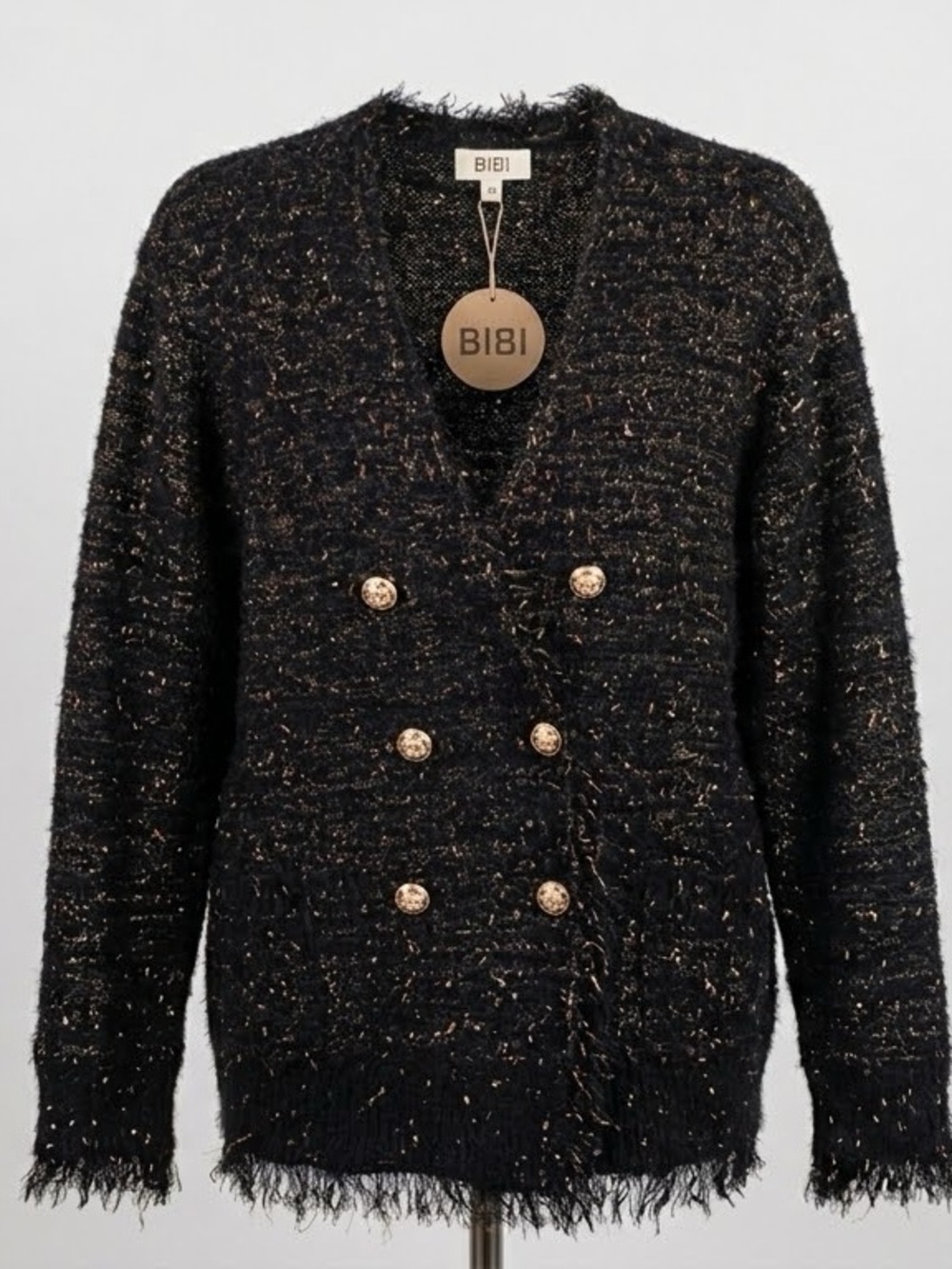 Vocal Black Tweed Metallic-Thread Double-Breasted Cardigan